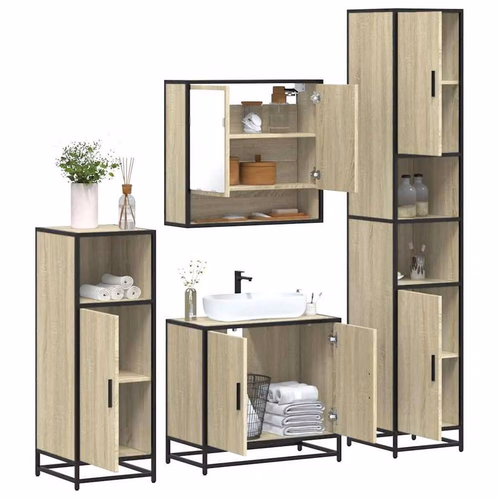 Berkfield Home 4-Piece Industrial Bathroom Furniture Set in Sonoma Oak and Light Brown – 2