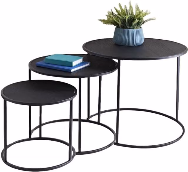 Pirlo Plush 3-Piece Round Nesting Tables with Wooden Tops in Black