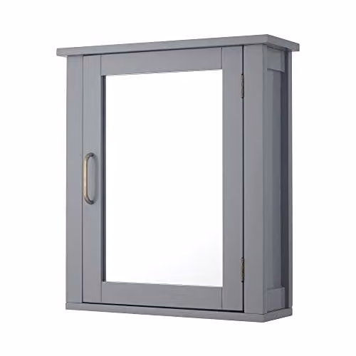 Teamson Home Mercer Modern Wall Mounted Bathroom Cabinet with Mirrored Hinged Glass Doors and Internal Shelves, Grey