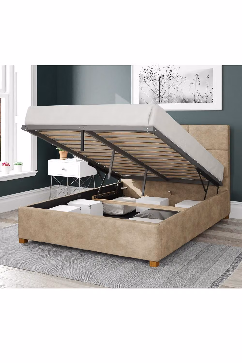 Aspire Caine Upholstered Ottoman Storage Bed in Beige Kimiyo Linen Fabric, Size: 180 x 200 cm – 2