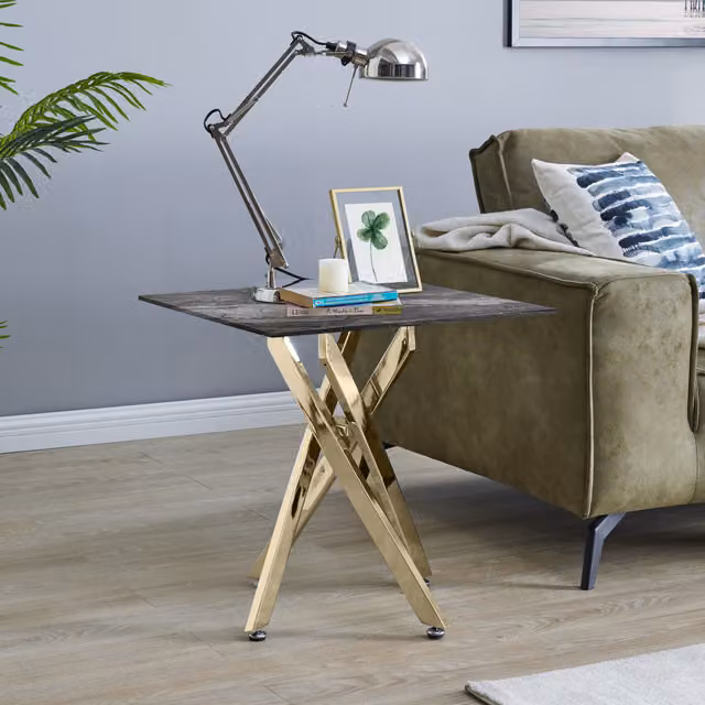 FurnitureboxUK Leonardo Modern Square Side Table with Grey Abstract Glass Top and Gold Metal Legs