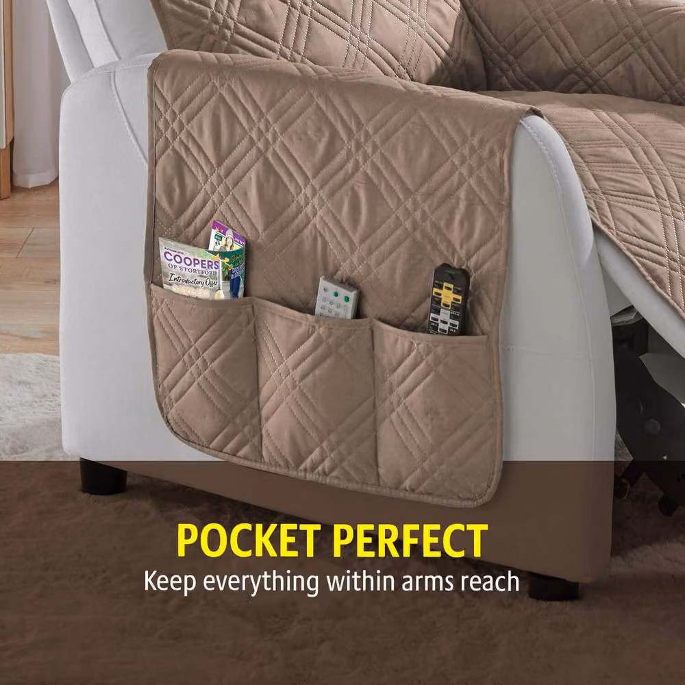 Coopers of Stortford Quilted Microfibre Recliner Cover with Side Pockets and Straps in Beige – 3