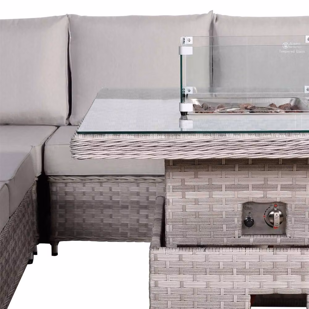 Furnishings For Less UK Rattan Garden Corner Sofa Set with Rising Fire Pit Table in Grey – 3