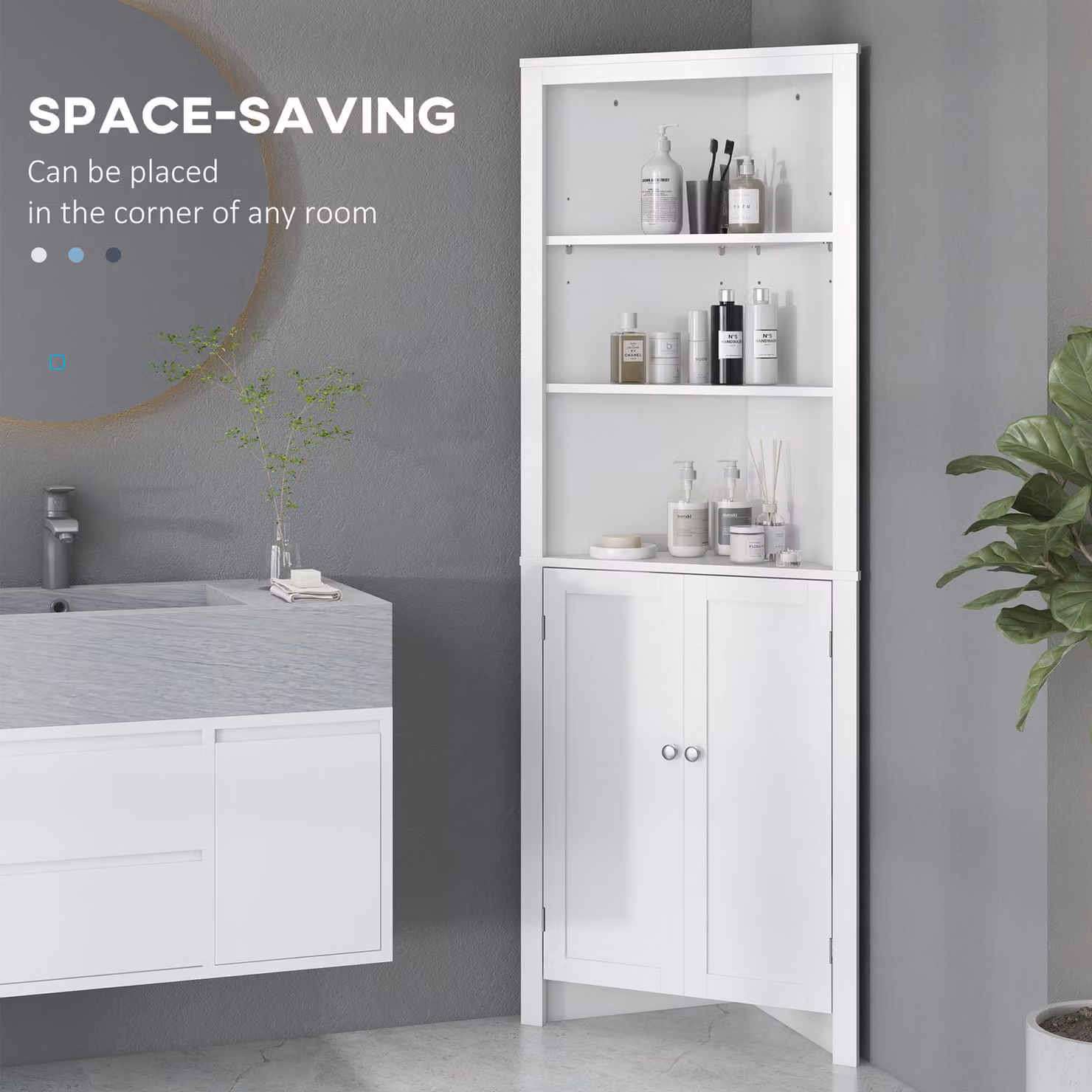 kleankin White Triangle Free Standing Corner Bathroom Cabinet with Cupboard and 3-Tier Shelves – 3