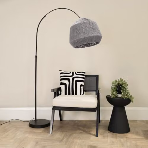 ValueLights Black Metal Arched Stem Floor Lamp with Grey Rope Shade and Included LED Bulb, H 180 cm x W 42 cm x D 42 cm – 2