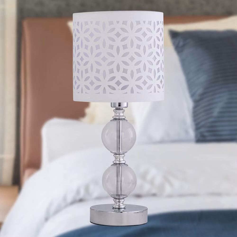 First Choice Lighting Set of 2 Chrome Two Ball Table Lamps with White Fabric Shades in Silver – 3