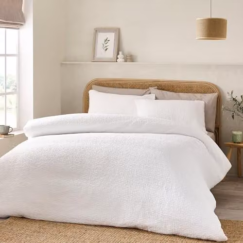 Catherine Lansfield White Crinkle Seersucker King Duvet Cover and Pillowcase Set, W/D/H: 180 x 200 cm