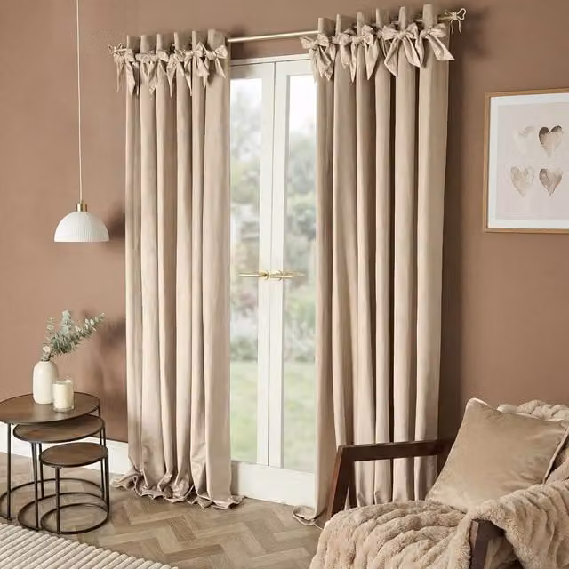 OHS Pair of Bow Decor Velvet Eyelet Curtains in Beige, Width: 228 cm, Drop: 228 cm