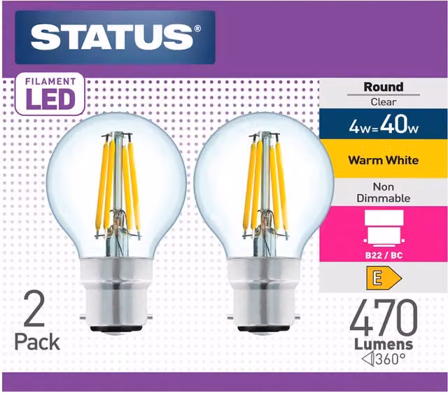 Pack of 2 Warm White Vintage Round Filament LED Lightbulbs with B22 Bayonet Cap