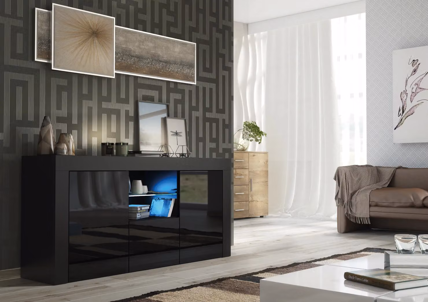 Mex Furniture LTD Modern Black Gloss Sideboard with Integrated LED Lighting, Width: 145 cm – 3