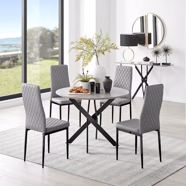 FurnitureboxUK Novara Grey Concrete Round Dining Table and 4 Milan Black Leg Chairs