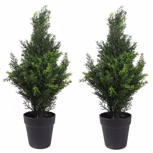 Pair of Green Leaf Artificial Topiary Trees with Metal Stand, H 60 cm x W 20 cm x D 20 cm