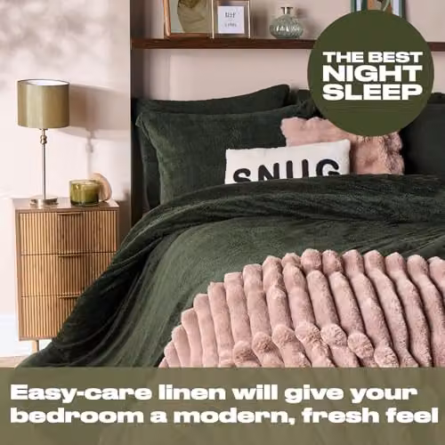 OHS Thermal Soft Teddy Fleece Duvet Cover and Pillowcase Set, Green, Double (Duvet Cover: 200 x 200 cm, Pillowcase: 50 x 75 cm) – 4