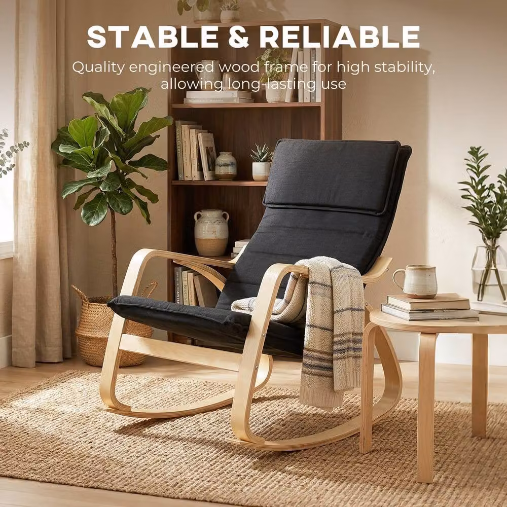 STILVORA Modern Black Fabric Rocking Chair with Headrest and Armrests and Solid Birch Wood Frame – 7