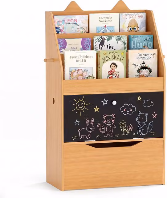 COSTWAY Toddler Book Rack with Movable Storage Drawer in White and Brown