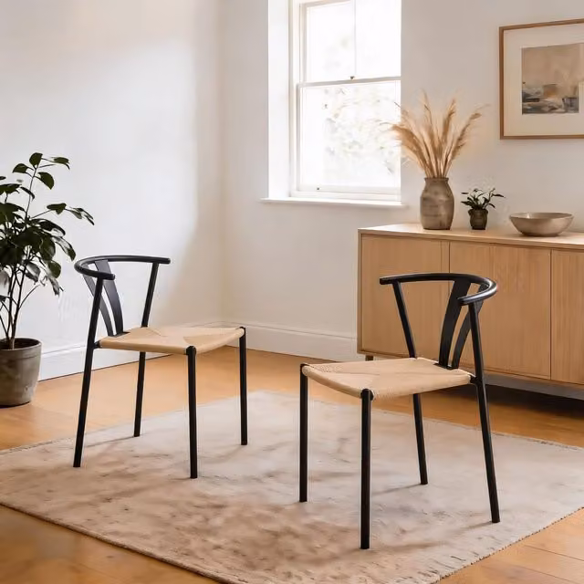 Home Source Eira Pair of Black Metal Dining Chairs with Woven Sand Seat