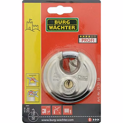 Burg-Wächter Stainless Steel Disc Padlock in Silver, 70mm – 3