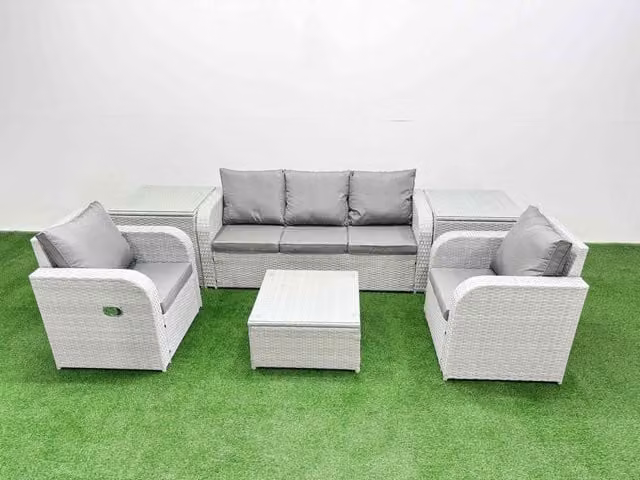 Fimous PE Rattan Garden Furniture Set in Light Grey with 3-Seater Sofa, Reclining Armchairs, Coffee Table and 2 Side Tables