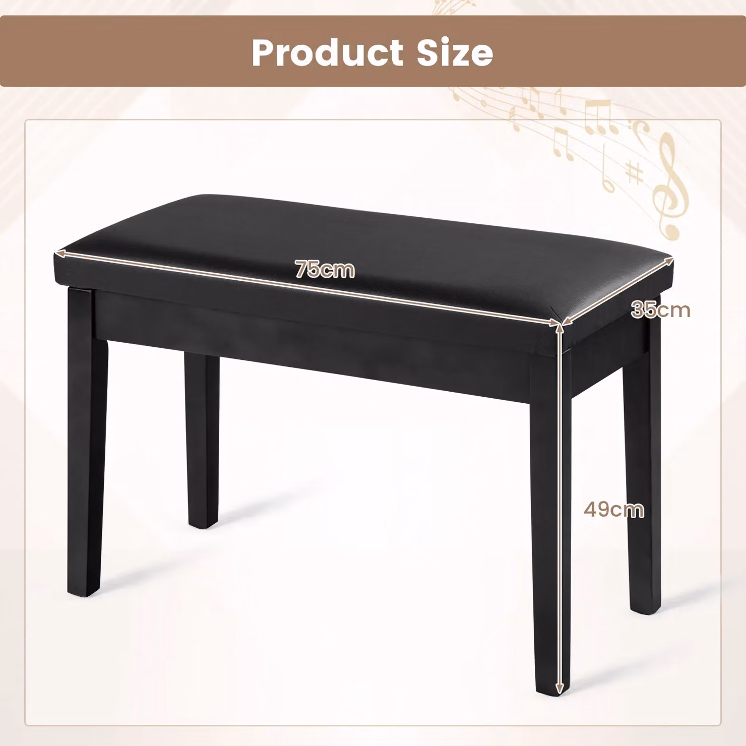 Costway 2-in-1 Black PU Leather Piano Bench with Double Duet Seat and Padded Music Storage – 4