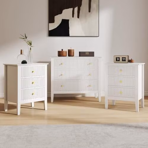 Melody Maison Hales White Range 3 Drawer Chest of Drawers and Pair of Bedside Tables