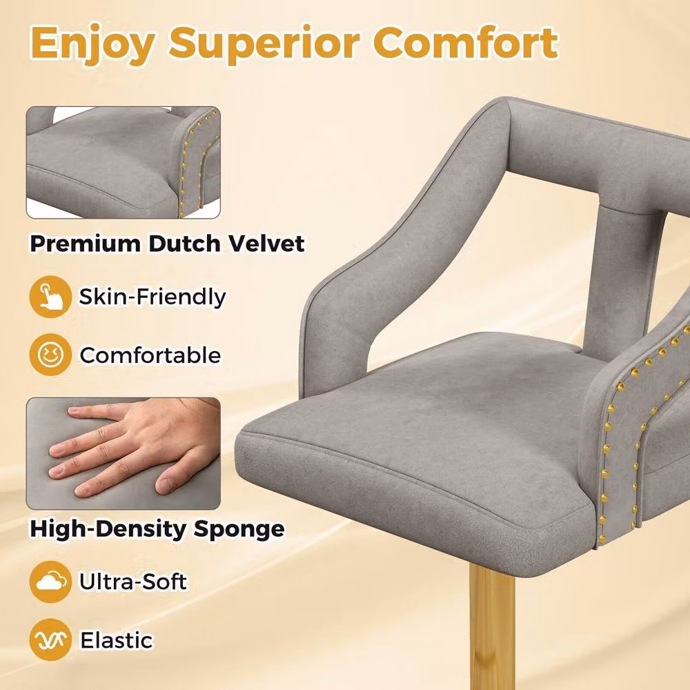 Gymax Set of 2 Adjustable Swivel Bar Stools in Grey Dutch Velvet – 5