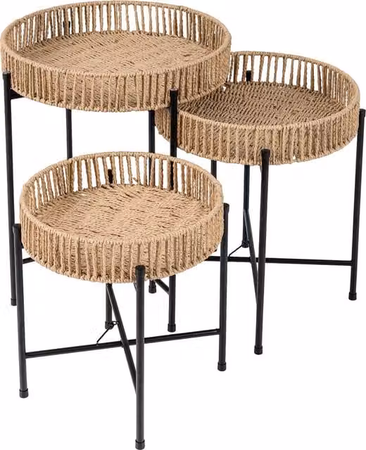 COSTWAY Set of 3 Round Nesting Side Tables in Brown and Sand with Rattan and Metal Frame
