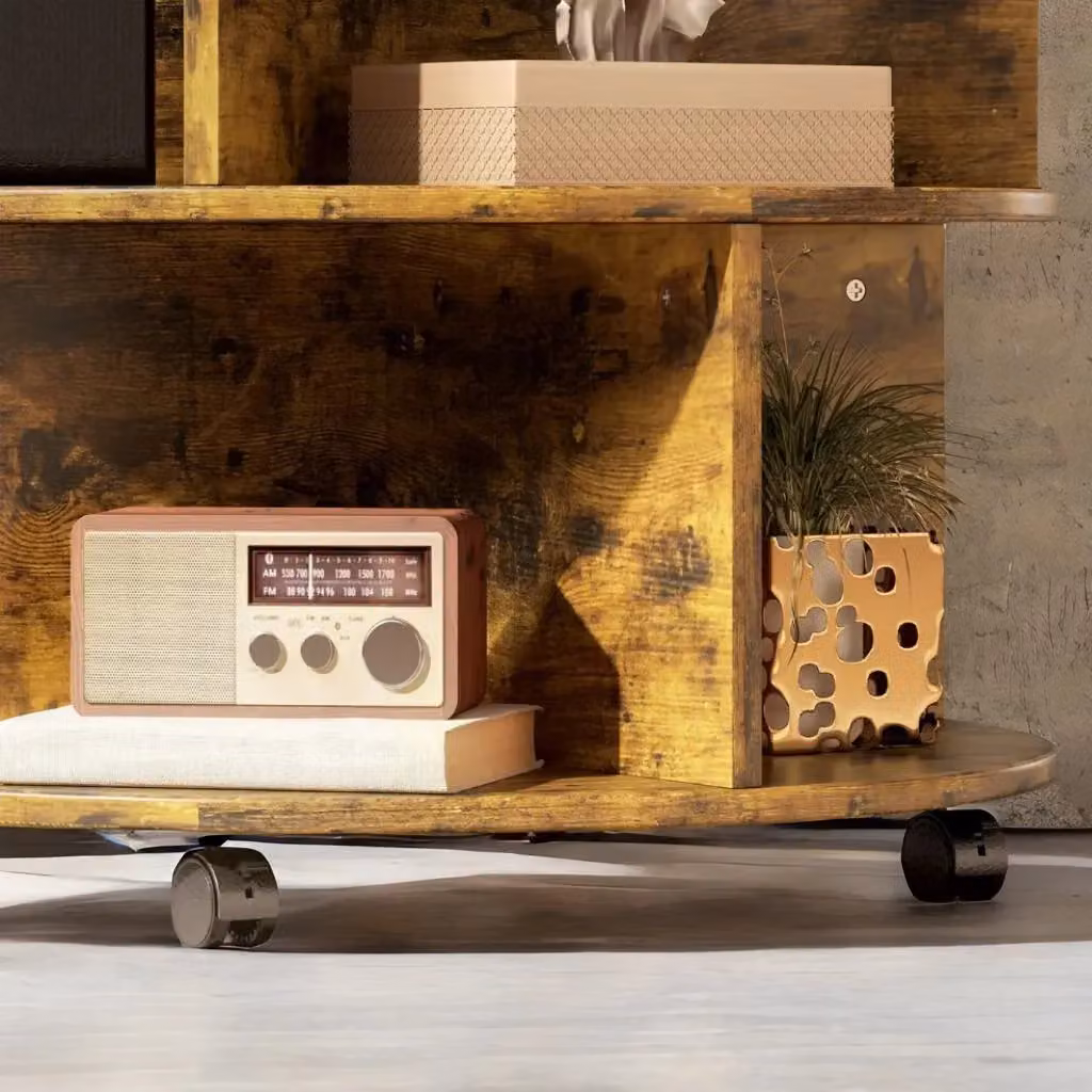 Rafaelo Mobilia 3 Tier Industrial Rustic Rolling Coffee Table in Brown, W: 60.0 cm, D: 55.5 cm, H: 60.0 cm – 2