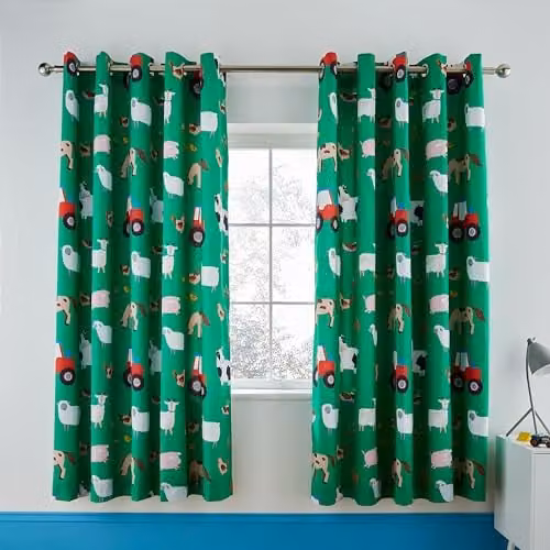Catherine Lansfield Farmyard Animals Eyelet Curtains, Green, W: 168 cm, H: 183 cm