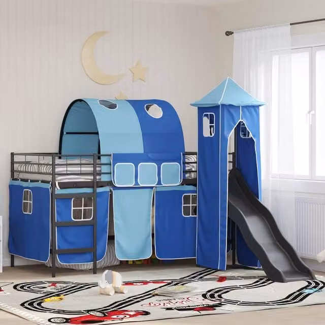 Berkfield Home Kids' Metal Loft Bed Frame in Black and Blue, W: 107 cm x L: 203 cm – 1