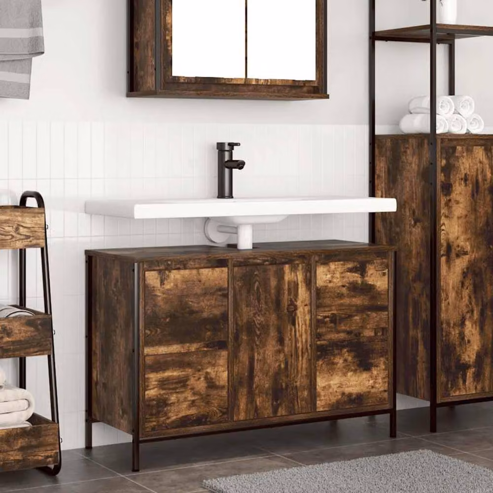 Berkfield Home Basin Cabinet with Drawers in Smoked Oak Brown, W: 90 cm, D: 34.5 cm, H: 60 cm – 2