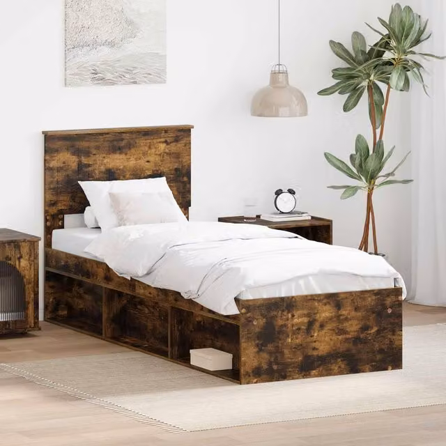 Berkfield Home Bed Frame with Headboard in Smoked Oak and Brown Solid Pine Wood, W: 75 cm, L: 190 cm – 1