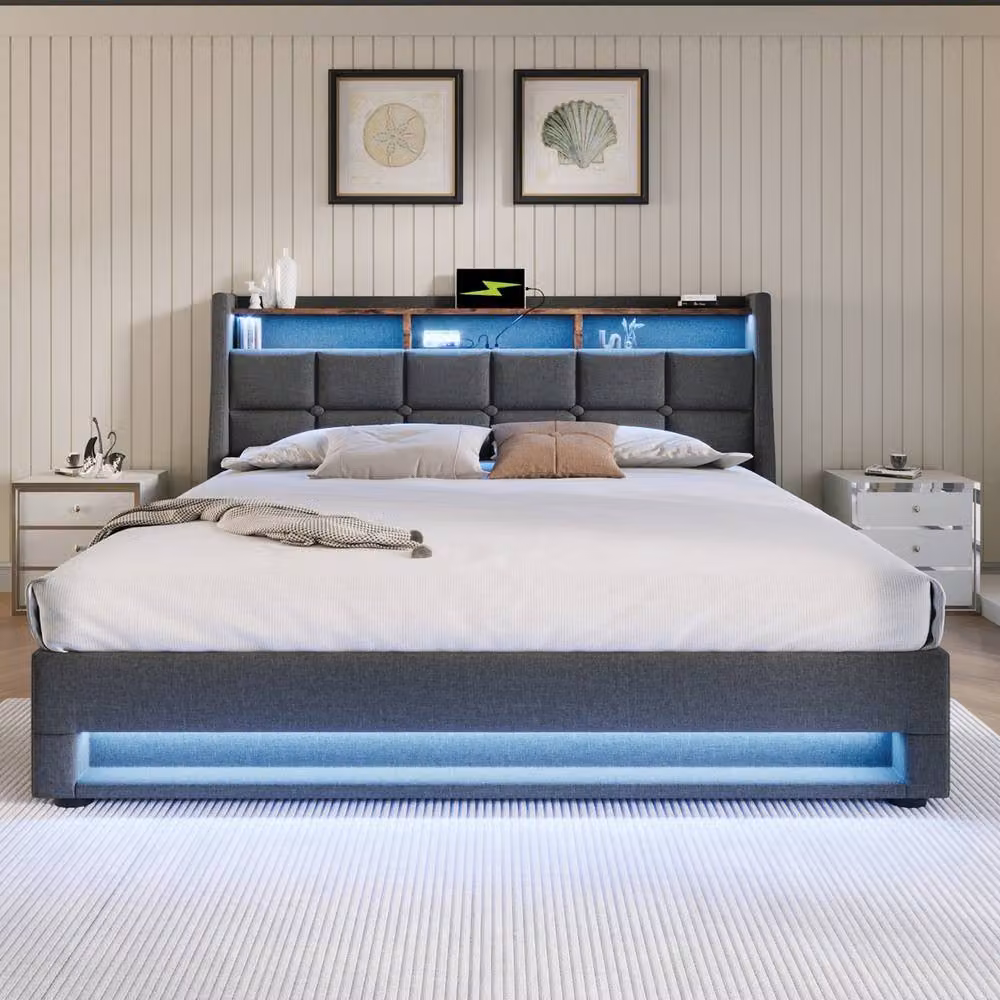 Rolipo Grey Upholstered Double Bed Frame with LED Lighting, USB Charging Port and Ottoman Storage, W/D/H: 140 x 200 x 137 cm – 6