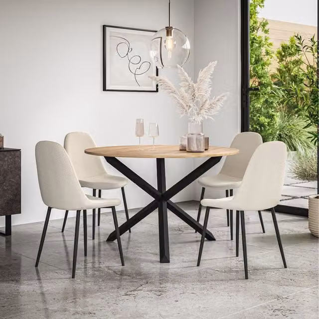 More4Homes Malvern Round Oak Effect Dining Table Set with 4 White Maya Chairs and Black Oak Legs, Diameter: 120 cm, Height: 75 cm