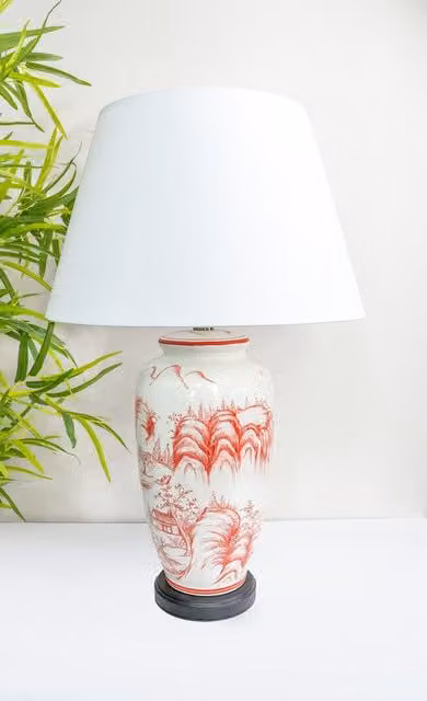 Downton Interiors Red Oriental Ceramic Table Lamp with White Fabric Shade – 1