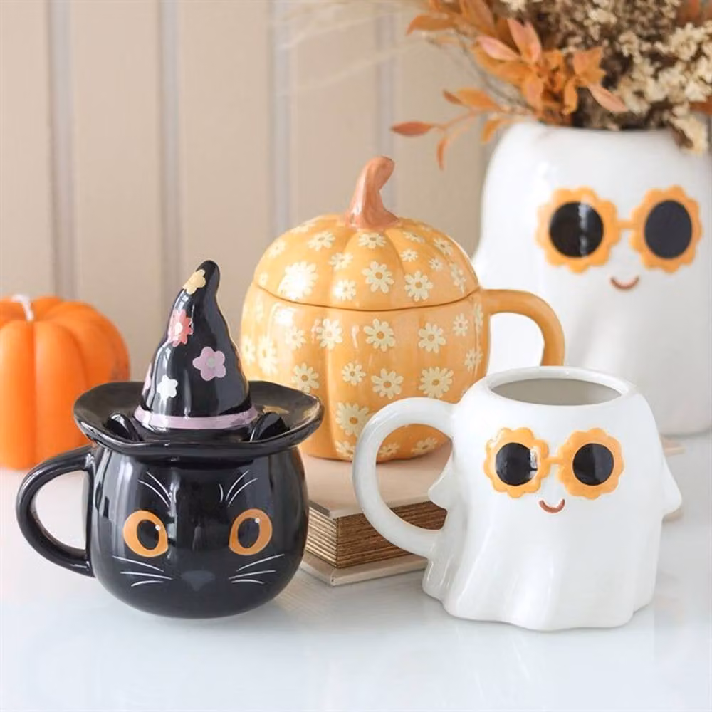Uniqueful Groovy Floral Pumpkin Lidded Ceramic Mug in Orange, 500 ml – 2