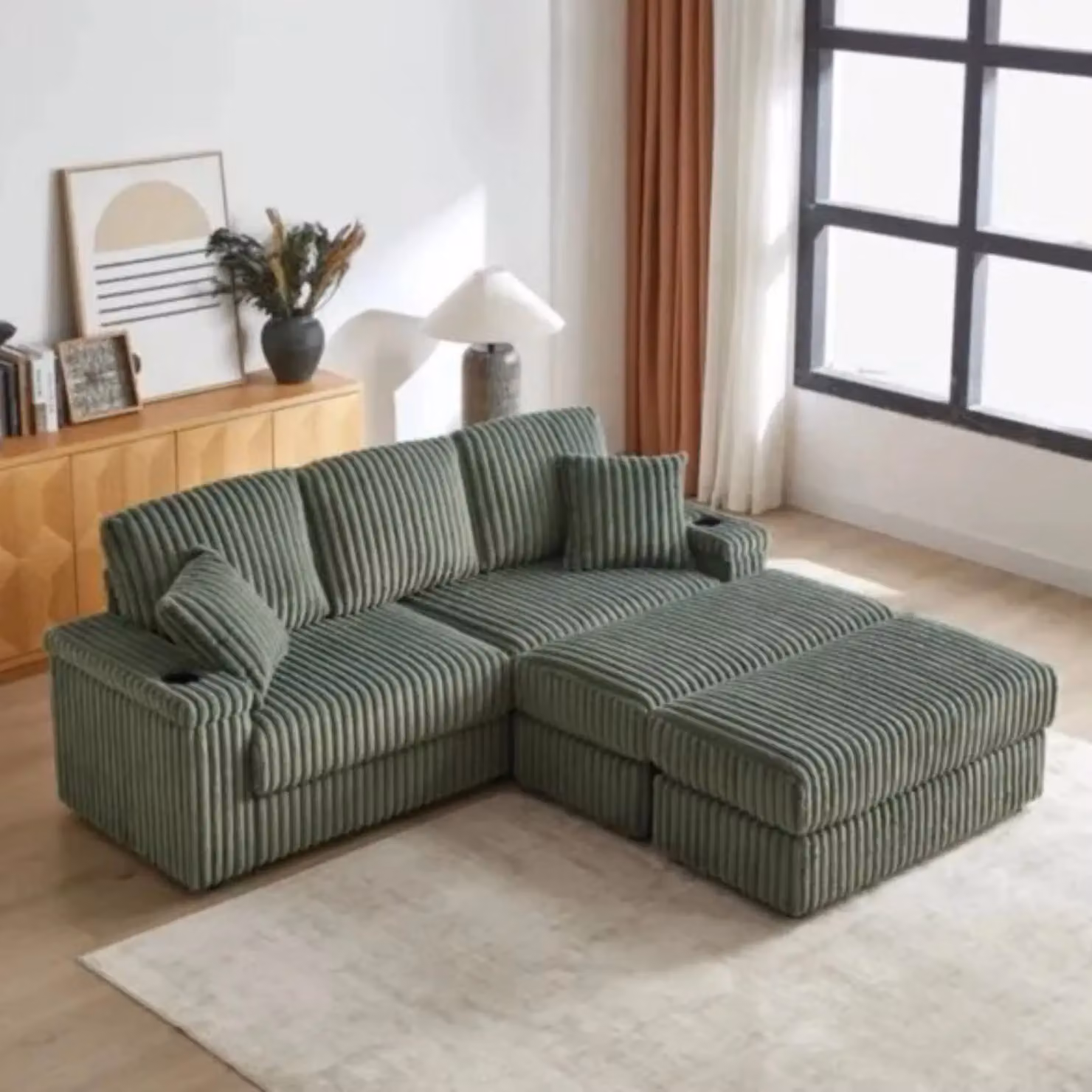 HOB Furniture Chicago Luxury L-Shape Reversible Cinema Sofa in Green Cord – 2