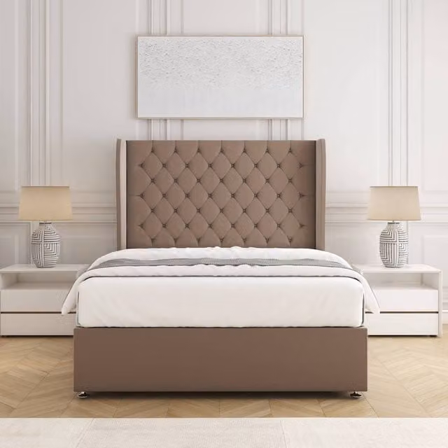 BSSPOKE Amelia Super King Divan Bed Set with 54 inch Headboard and Mattress in Bronze Plush Velvet, W/D/H: 200 x 200 cm