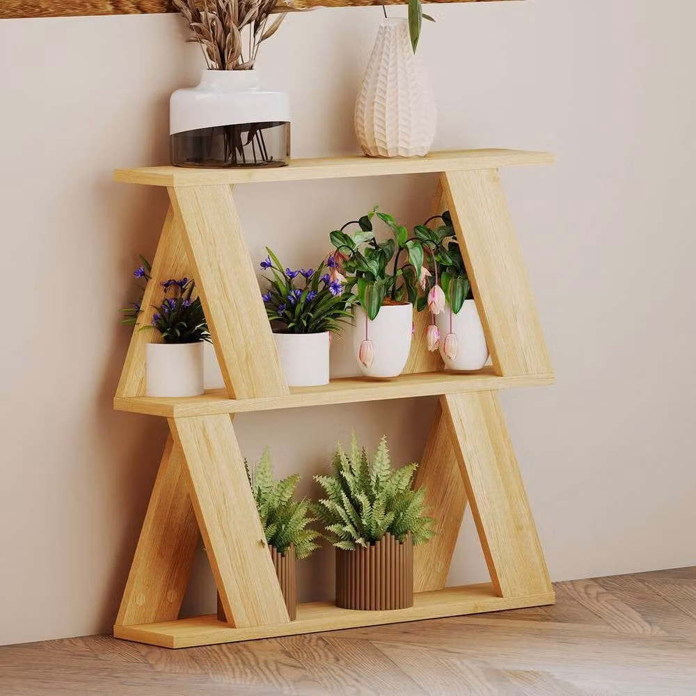 Levede 3-Tier Slim Wooden Side Table and Storage Shelf in Natural Sand with X-Frame Design – 2