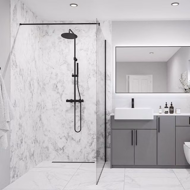 Wetwall Elite Double Post Formed Onyx Nebbiosa Shower Panel in White Stone Look