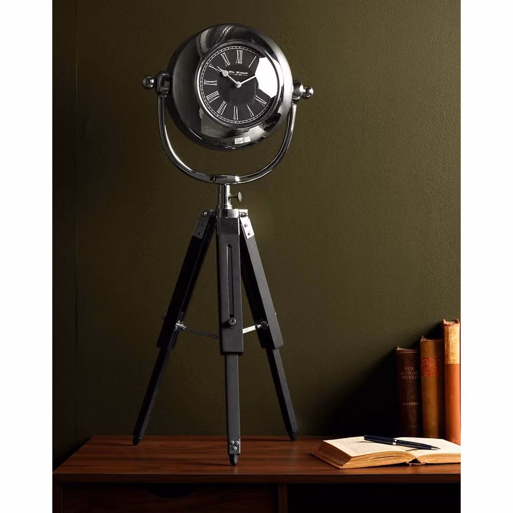 WILLIAM WIDDOP Vintage Round Analog Tripod Tabletop Clock in Silver and Black Metal – 2