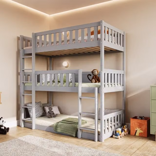 Flair Bea Triple High Bunk Bed in Grey Solid Pine Wood