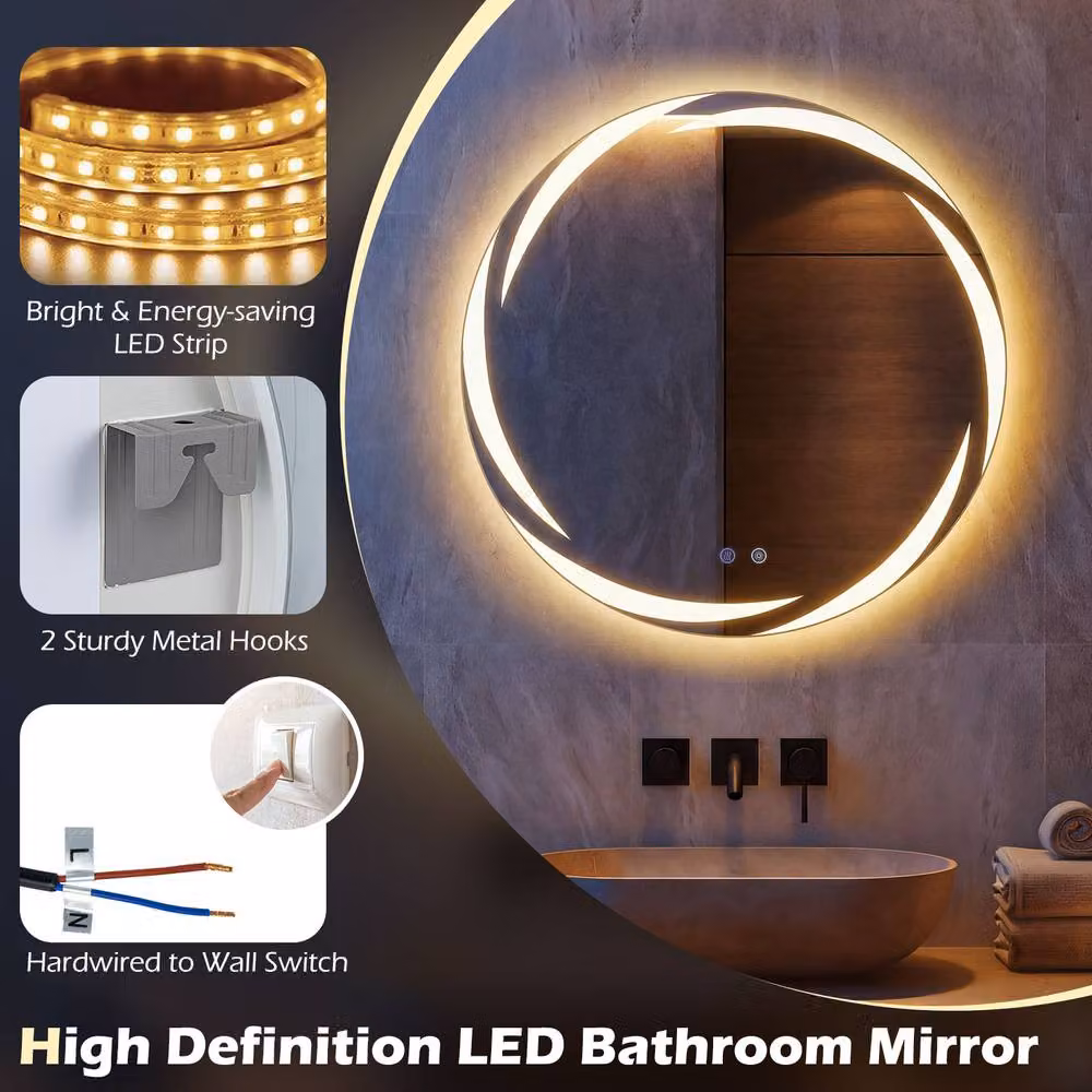 Costway Round LED Bathroom Mirror in White with Dimmable 3-Colour Touch Control – 4