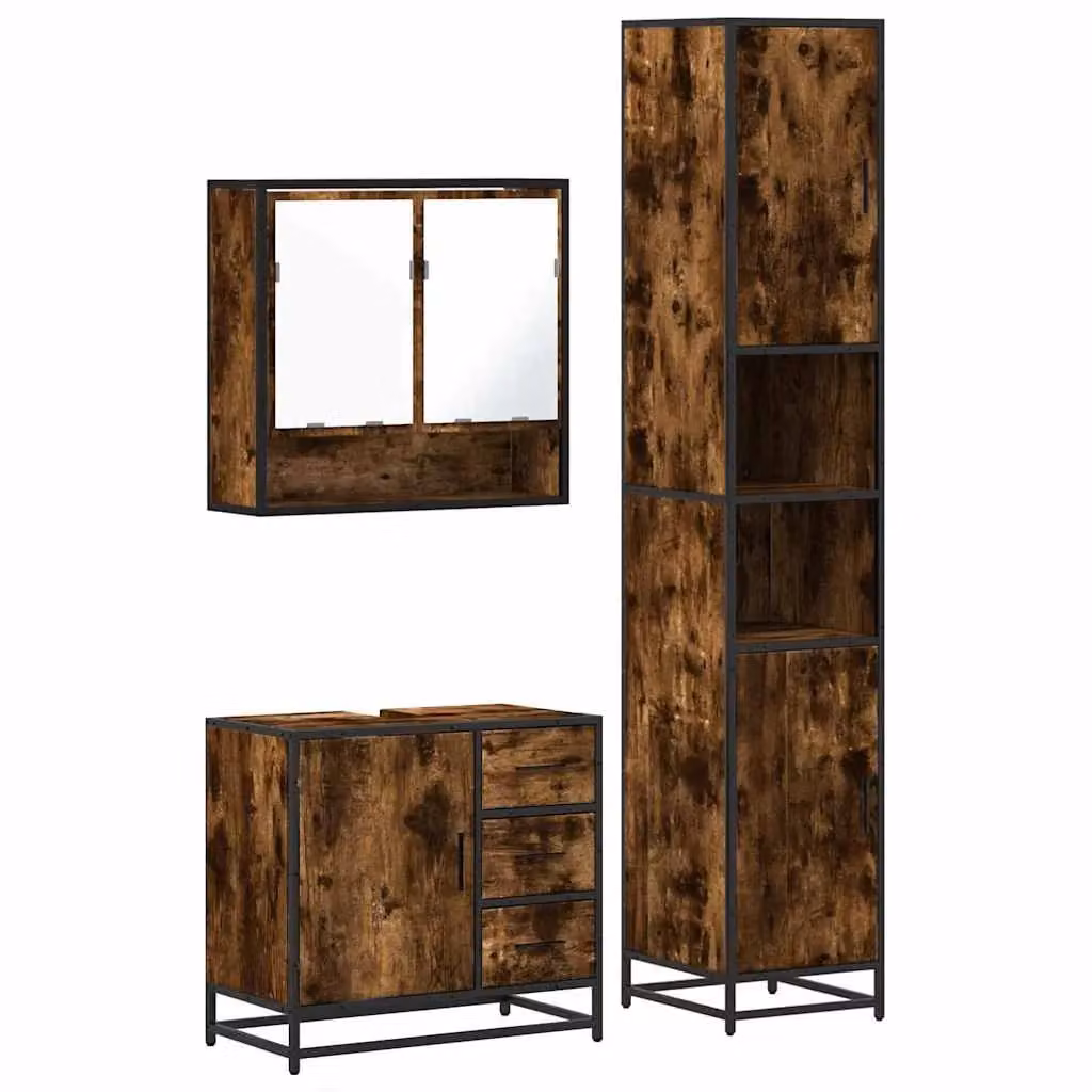 Berkfield Home 3 Piece Industrial Bathroom Furniture Set in Smoked Oak Brown – 1