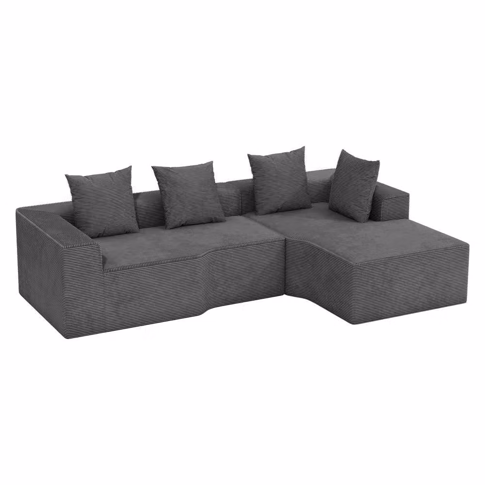 Dprodo Grey Corduroy Right L-Shaped Modular Sofa with Scatter Cushions, Width: 320 cm – 8