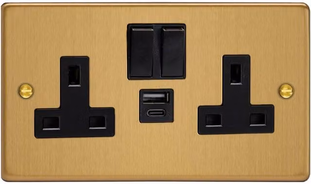 Varilight Double Socket with 20W Shared USB A and C Charging Ports in Gold Brass – 2