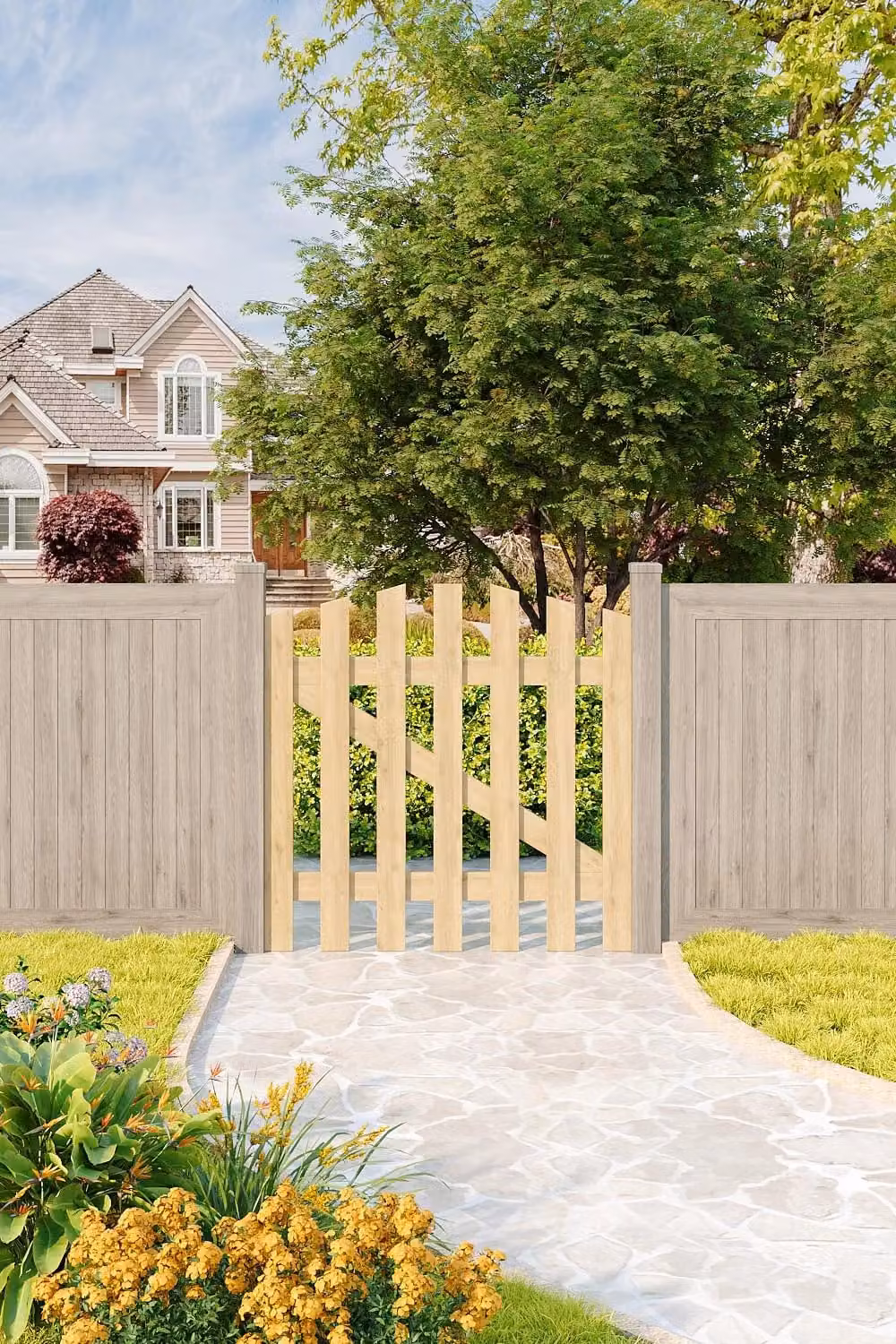 Living and Home Natural Wooden Outdoor Garden Gate, Single Swing Picket Fence Door, W/H: 90 x 90 cm – 1