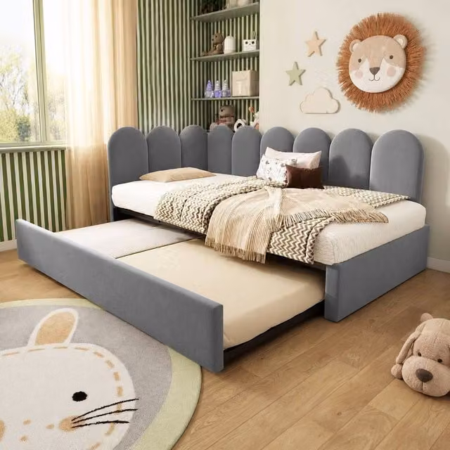 STILVORA Grey Velvet Single Day Bed with Pull-Out Bed and Drawers, W/D/H: 200 x 90 x 76 cm