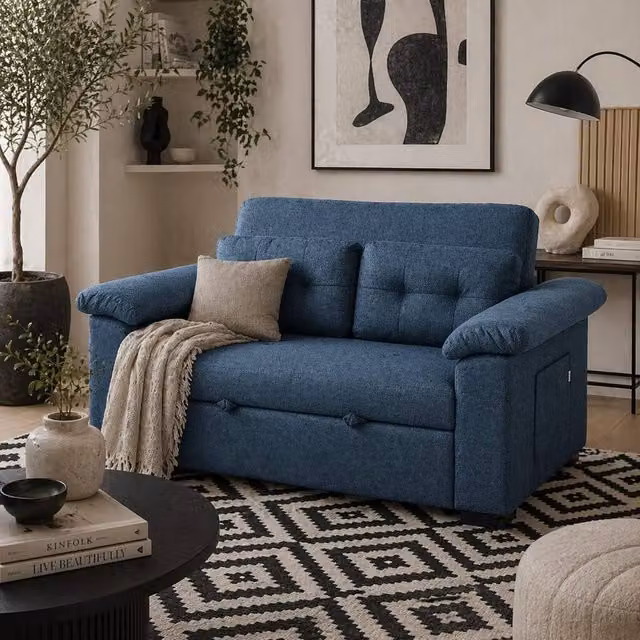 Wyld Haus Nomo Cori Blue 2 Seater Fabric Click Clack Sofa Bed with Side Pockets – 1