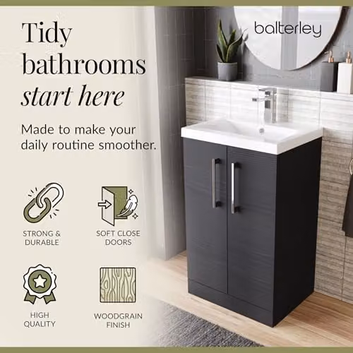 Balterley Floor Standing Bathroom Vanity Unit with Basin and Soft Close 2 Doors in Charcoal Black, W/D/H: 51 x 39 x 84 cm – 5