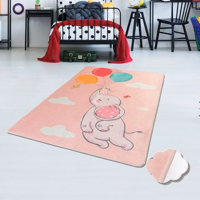 Woohoo Furniture Washable Kids Bedroom Rug in Pink with Balloon Elephant Motif